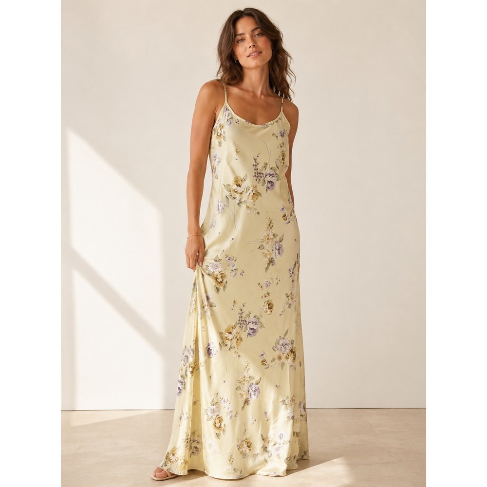Vintage Y2K Victoria's Secret‎ Slip Dress L Yellow Floral Maxi Coquette Romantic